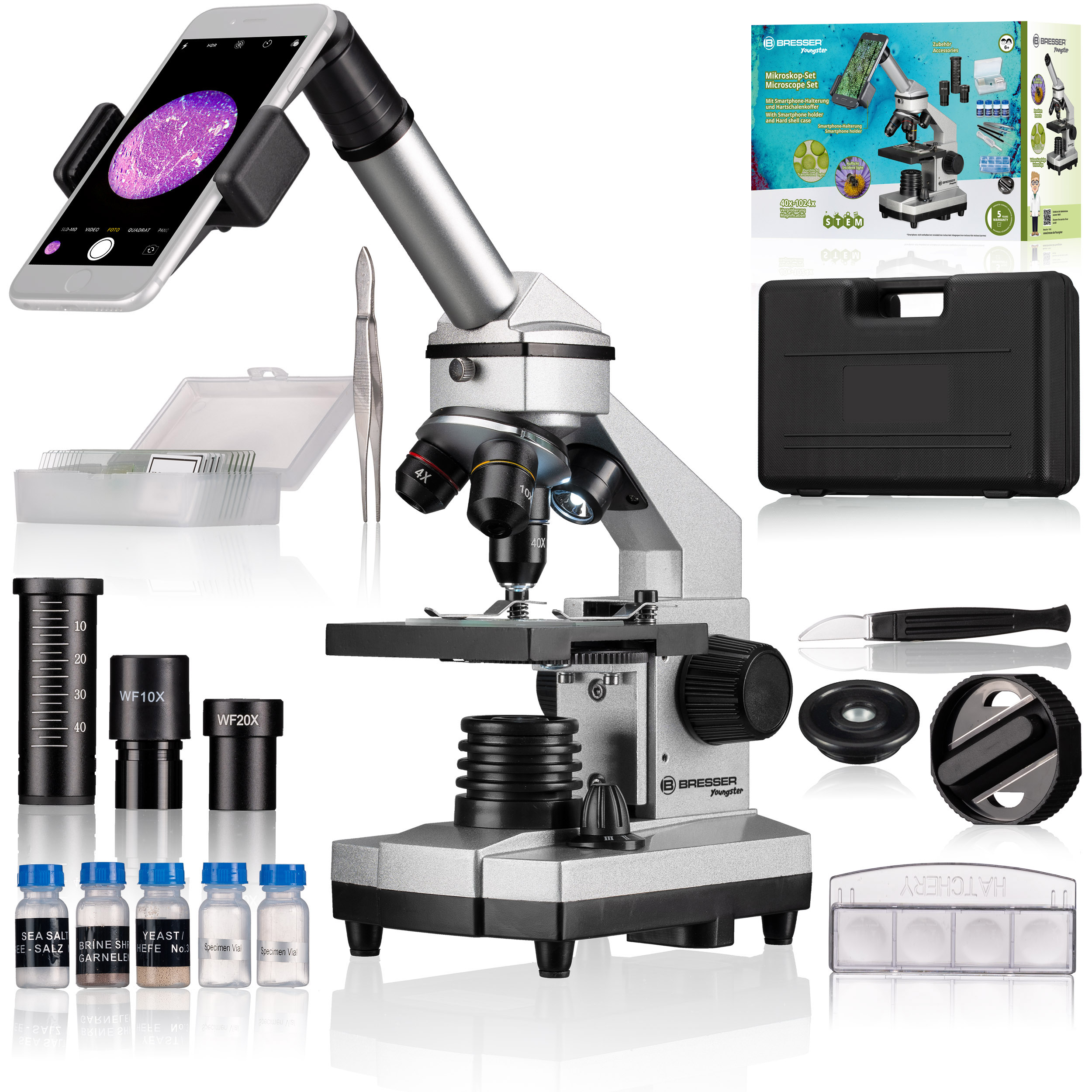 BRESSER Junior Biolux CA 40x-1024x Mikroskop vklj. Držalo za Pametni Telefon